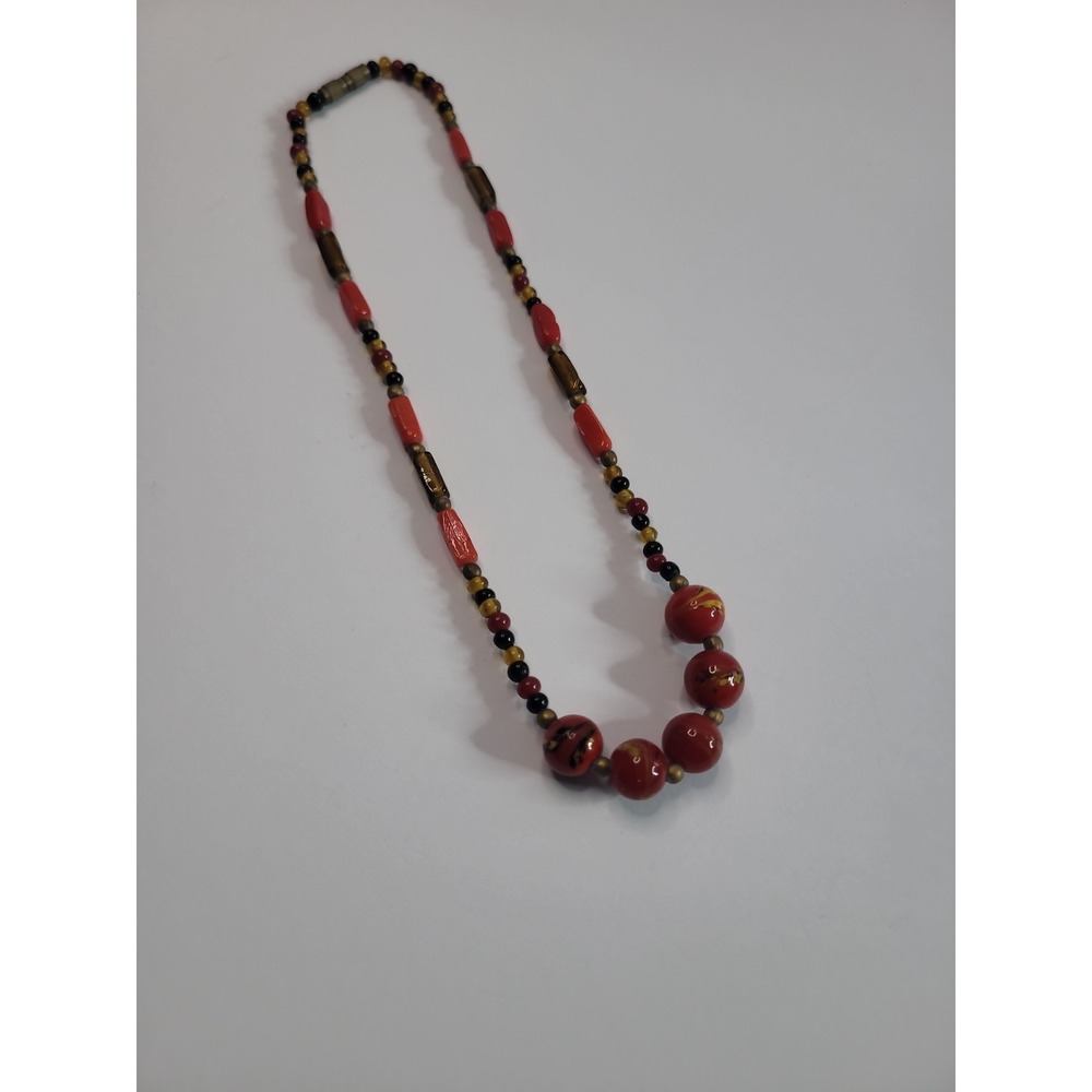 Red Yellow Black Beaded Necklace Floral Round Beads Vintage Style - Picture 7 of 11
